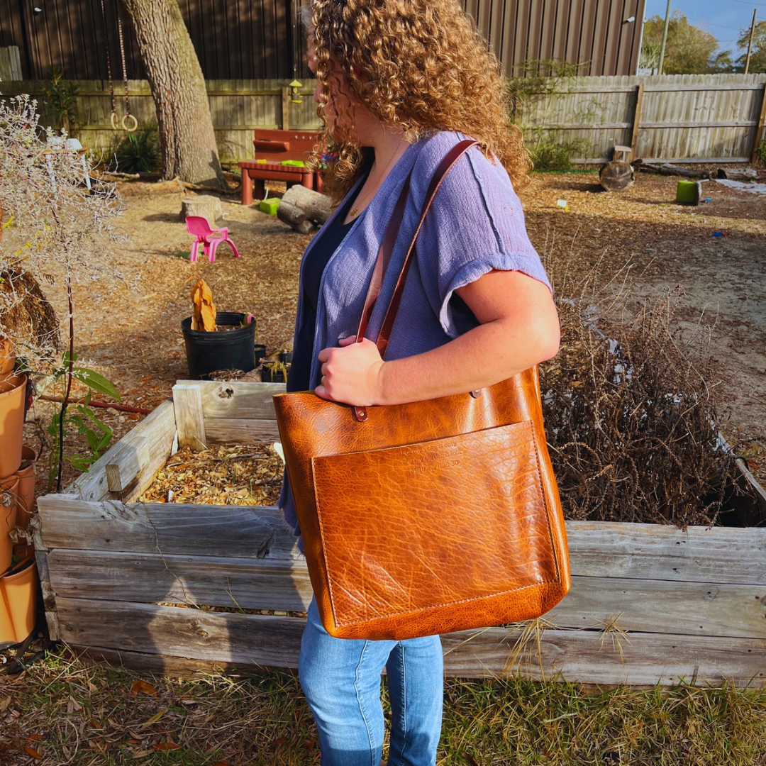 Handcrafted Christian leather tote bag medium umber with Matthew 11:30 stamp